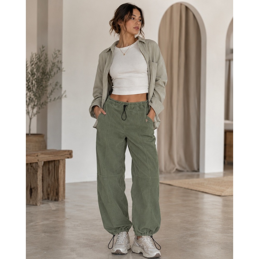 Girl-ish Los Angeles Olive Green Corduroy Mid Rise Utility Jogger Pants Size M - Picture 1 of 9